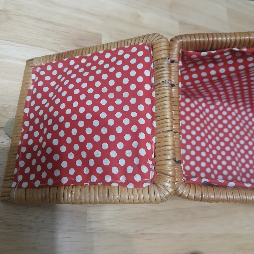 Woven Basket Wicker Leather-Look Velcro Strap Closure Red & White Polka Dot